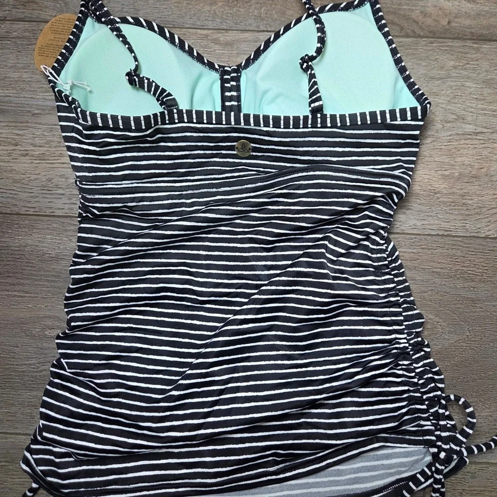 NWT Prana Tankini Swim Set Stripe 3 Piece Bikini Bottoms Ruched Drawstring XS